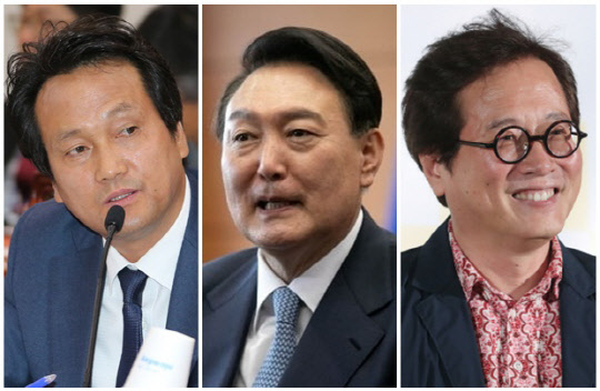 (왼쪽부터) 안민석 더불어민주당 의원, 윤석열 대통령 당선인, 맛 칼럼니스트 황교익씨. <국민의힘 제공, 연합뉴스>